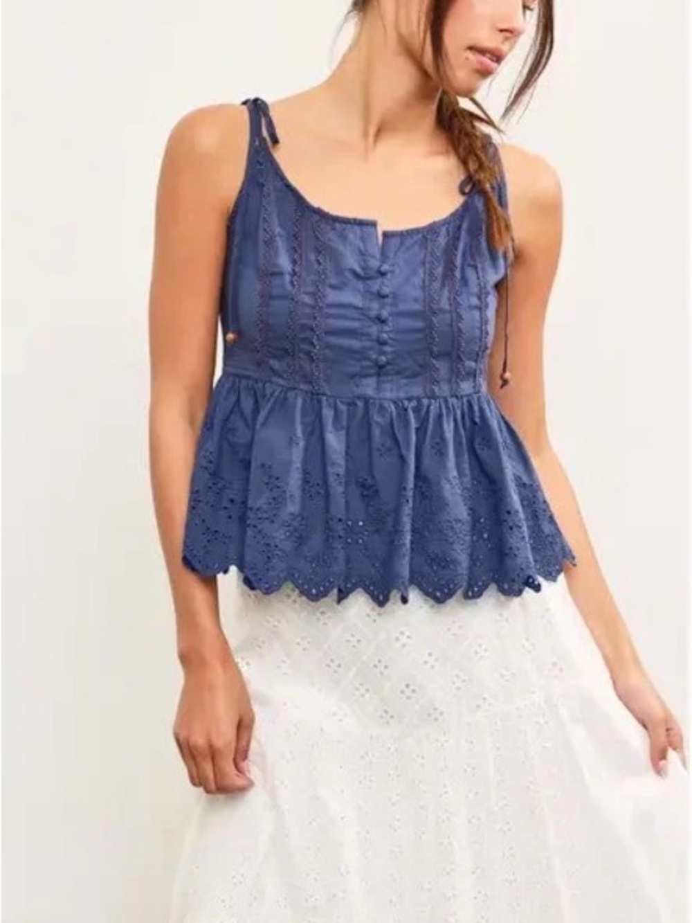 Women’s Blue Eyelet Peplum Camisole with Tie Straps